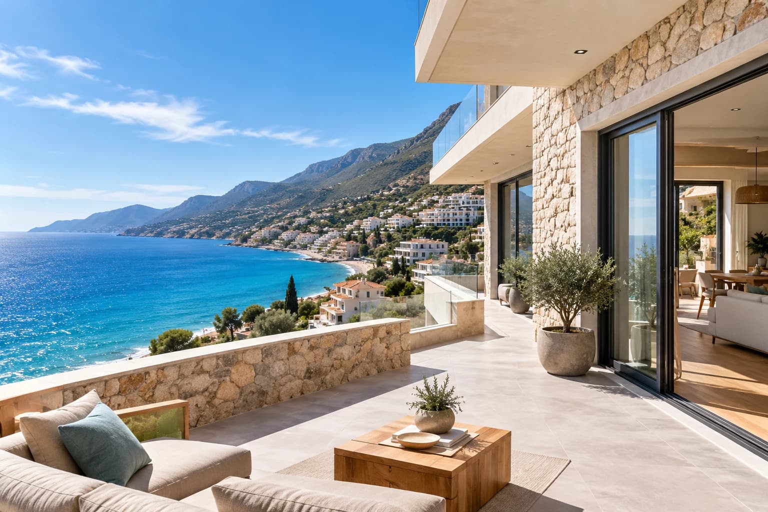 Vizualizim fotorealist i një apartamenti dhe vile bashkëkohore me tarracë pranë Rivierës Shqiptare, me pamje nga deti